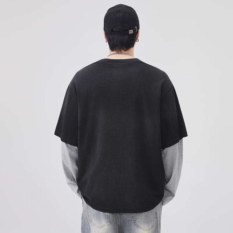 Men Vintage Old Hole Pure Cotton Loose Casual Streetwear Hip Hop Oversize Long Sleeve T-shirts Cityboy Plus Size T Shirt