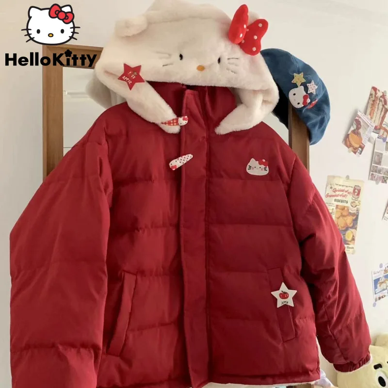 Sanrio Hello Kitty New Cute Red Coat Women Autumn Winter College Style Cotton Jacket Plush Hooded Y2k Japanese Style Zipper Tops