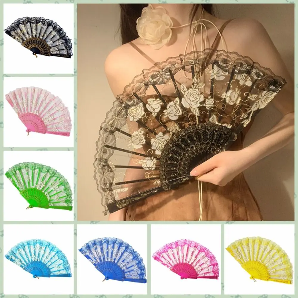 Home Decoration Handheld Ladies Lace Hand Fan Translucent Rose Pattern Dance Fan Plastic Handle Spanish Fan Dance Prop