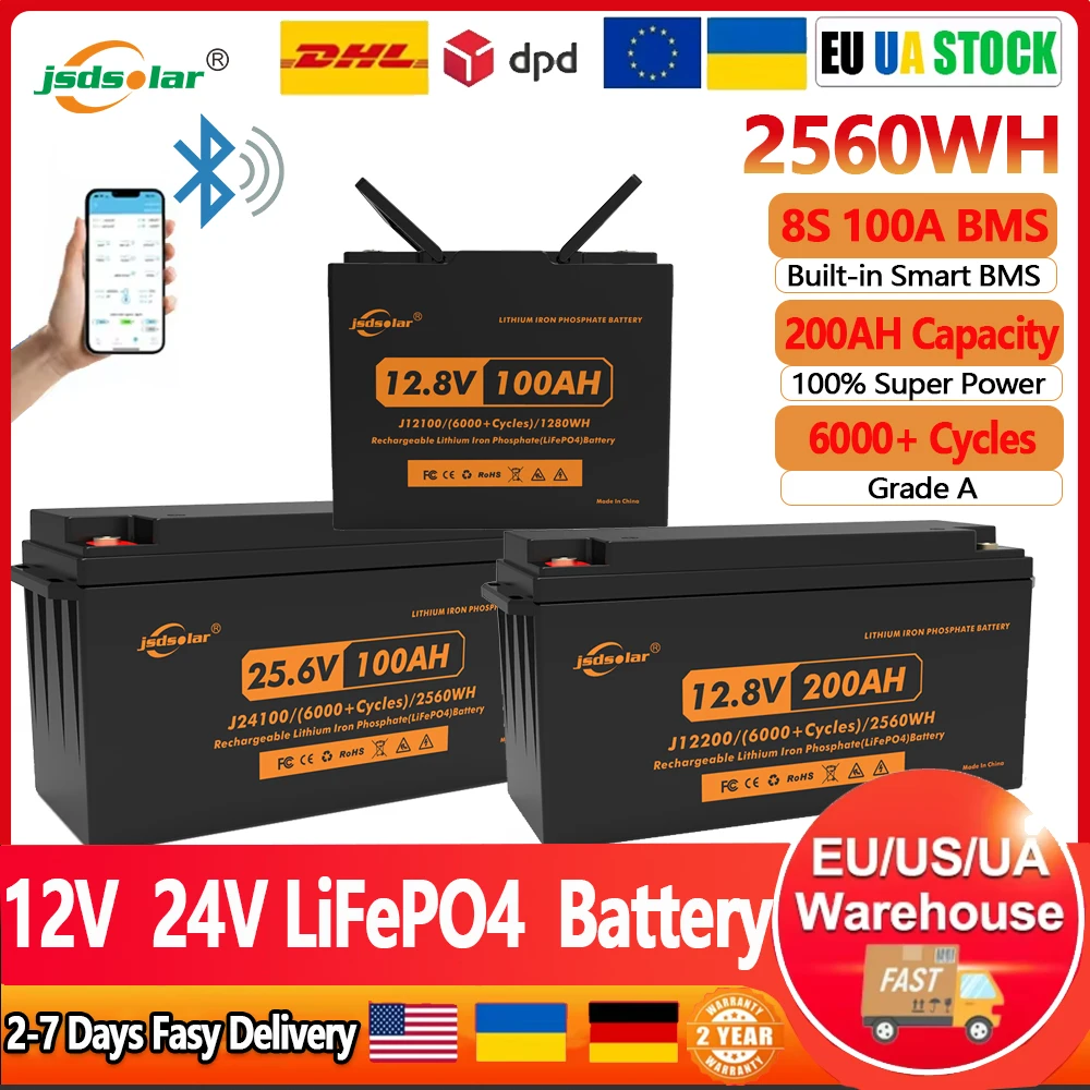 Jsdsolar 12V 200Ah 2560Wh LiFePO4 Battery Bluetooth 6000+ Cycles 4S BMS Grade A 24V 100Ah lithium Pack RV Solar Battery NO TAX ﻿