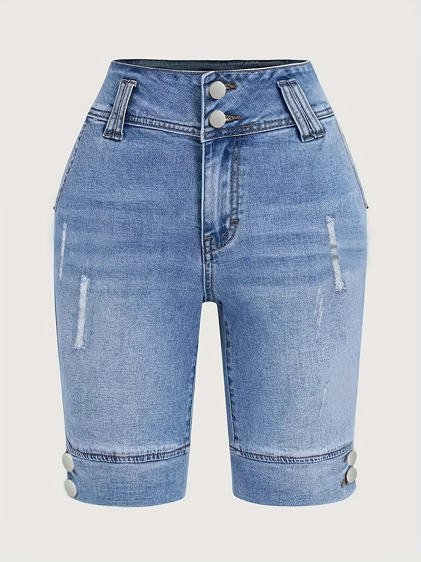 Ladies' Blue Double-Buckle Waist Slim Fit Jeans view 5