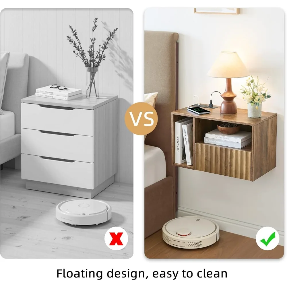 Mesita de noche moderna rústica marrón con cajón, puertos y tomas de carga USB: juego de 2 mesitas de noche flotantes para vivir moderno