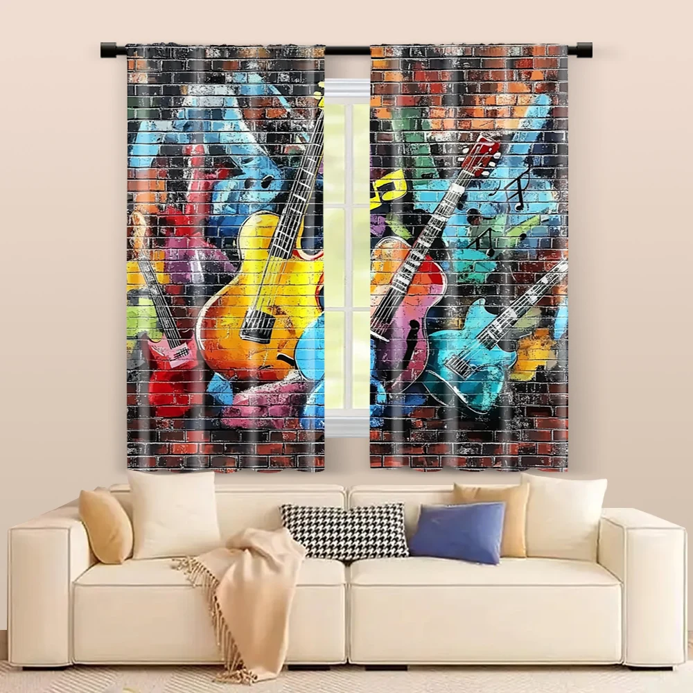 2 pcs, filtering curtains (excluding rods, non-movable, without batteries) 80 's 90 's graffiti brick wall music theme for use