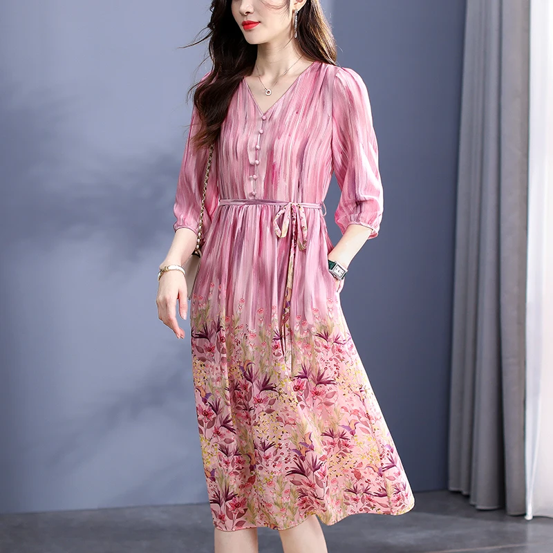 

Summer Dresses for Women Elegant 2024 V-neck Three Quarter Sleeve 100% Real Silk Women's Clothing Floral Print Long Dress A-line