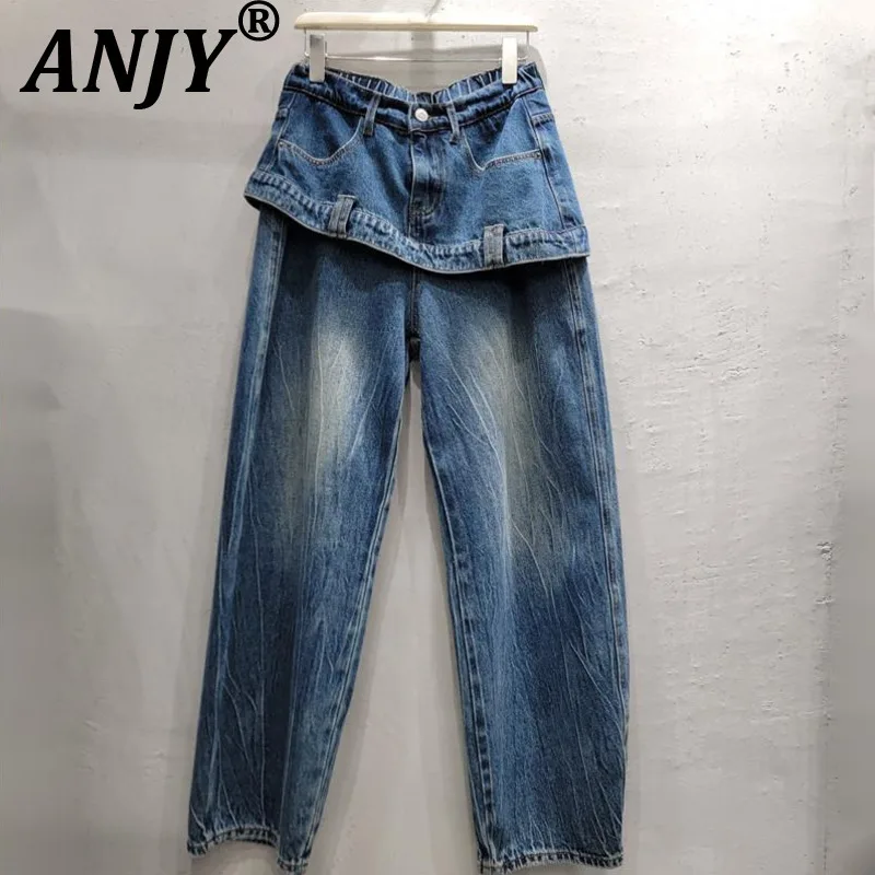 ANJY Spring Autumn New Women Fashion Versatile Spliced Fake Two-Piece Design Wide Leg Jeans Washed Distressed Denim Pants A28216