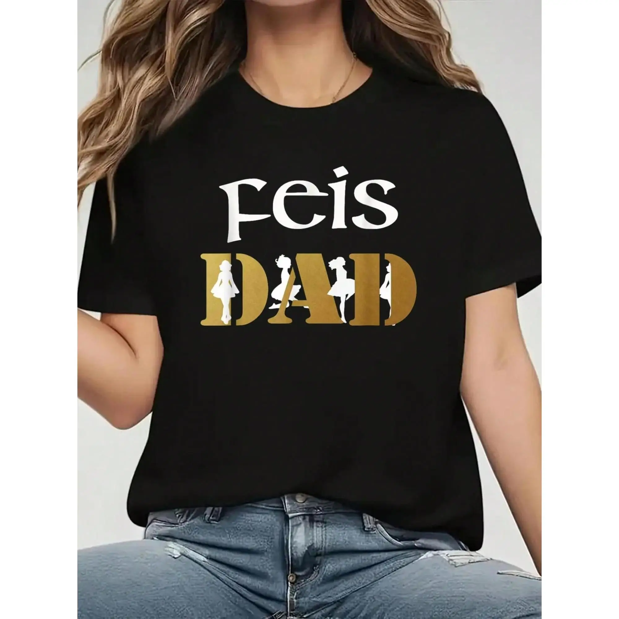 

Feis Dad Graphic T-Shirt - Funny Irish Dancing Gift for Women, Casual Round Neck Short Sleeve Tee with Bold "FEIS DAD" Print