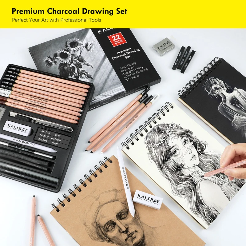KALUR 22pcs Sketch Pencil Set Charcoal Graphite Pencil Drawing Set Artist Gift Art Sketch Charcoal Pencils Art Supplies