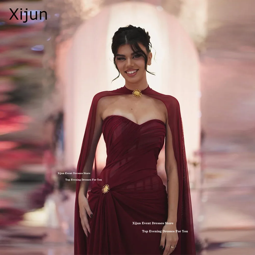 

Xijun Elegant Burgundy Chiffon Evening Dresses Cape Sweetheart Pleated Mermaid Prom Gowns High Slit Formal Prom Gowns Customized