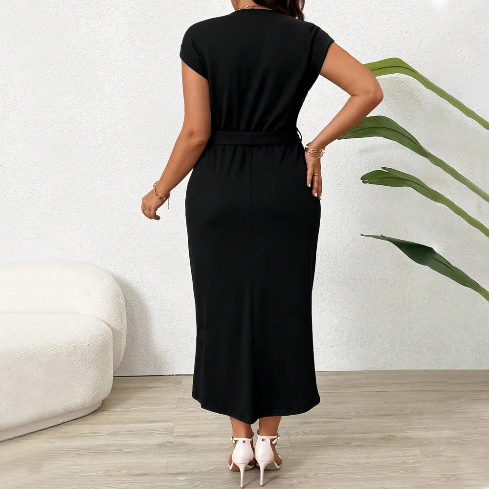 Vestido Midi de talla grande para mujer, ropa holgada plisada con abertura Irregular, elegante, a la moda, con volantes, verano 2024