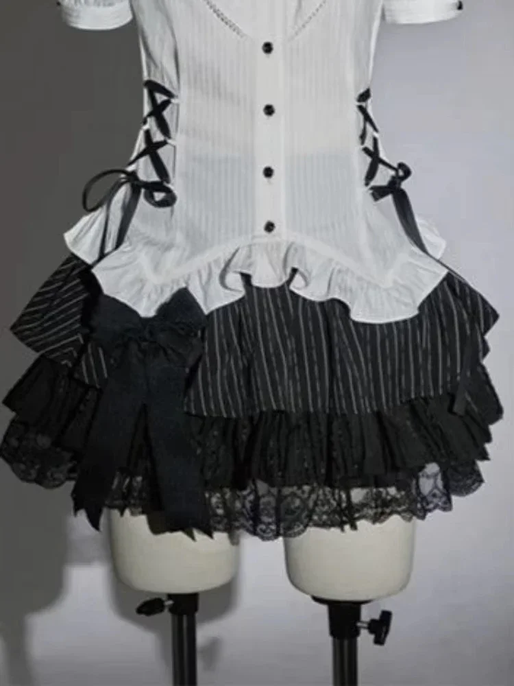 Japanische 2-teilige Sets für Damen, unregelmäßige Rüschen, schmale Passform, Bandage-Bluse + hohe Taille, Spitze, Patchwork-Röcke, Y2k-Ästhetische Outfits