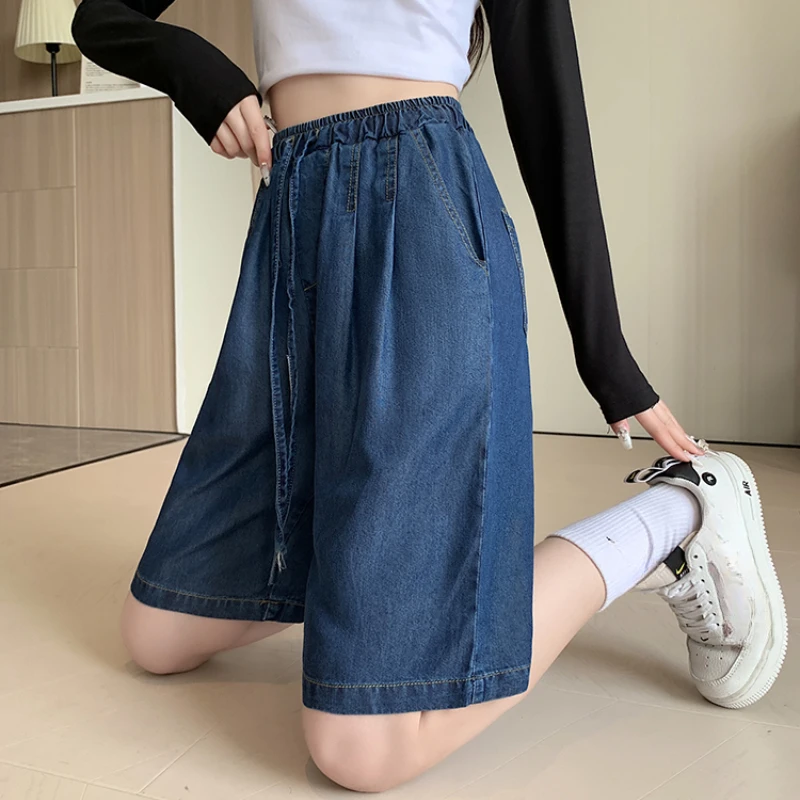 ฤดูใบไม้ผลิฤดูร้อน Tencel คาวบอยบางผู้หญิงครึ่งกางเกง 2025 ใหม่เอวสูง LACE-up Casual หลวมขากว้างสั้นสําหรับสตรี