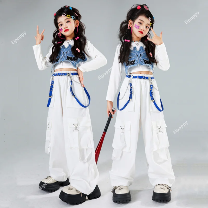 Girls Hip Hop Crop Top Sweet Butterfly Vest White  Pants Kids Mini Skirt Streetwear Children Jazz Street Dance Clothes Sets