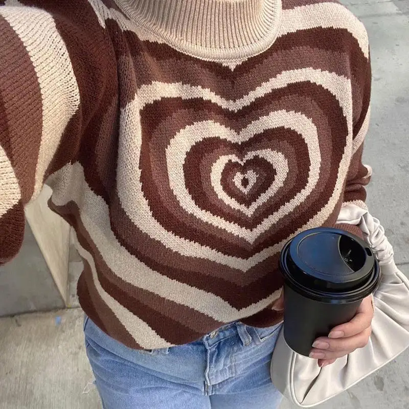 European and American new love sweater women 2023 autumn and winter new casual half-high collar color matching sweater pullover