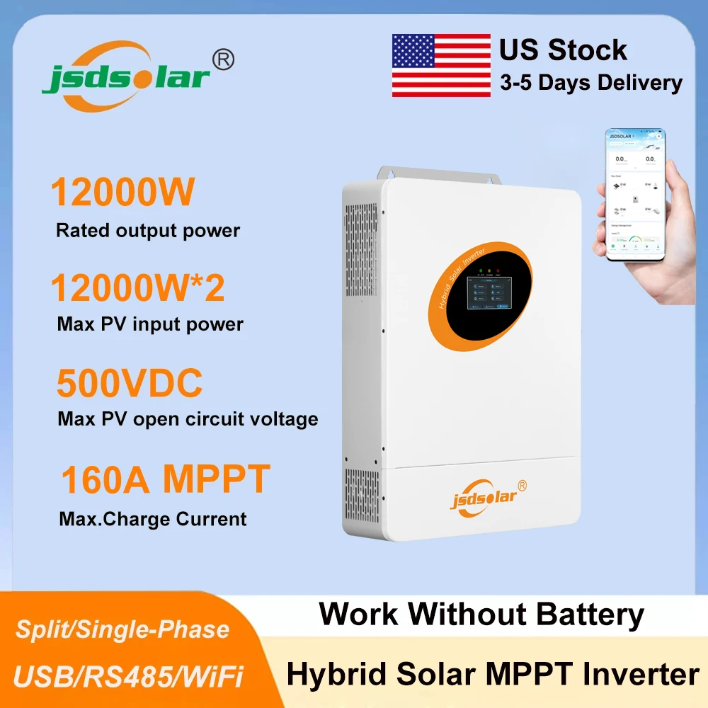 Jsdsolar 12KW 48V Hybrid Solar Inverter 120/240VAC Pure Sine Wave Single Phase Split Phase PV Inverter MPPT 160A Remote Communication USB RS485 PV 500VDC Parallel Inverter For Off/On Grid Solar Systems