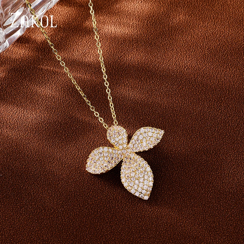 ZAKOL Creative New Trend Micro-set Zircon Leaf Pendant Necklace For Women Girls Exquisite Fashion Party Jewelry Gift