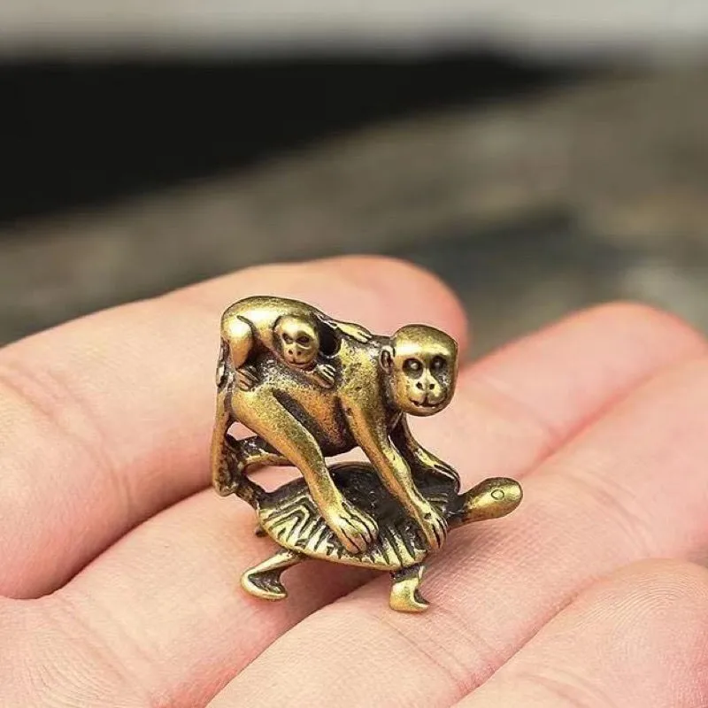 Antique Bronze Turtle Crarrying Monkeys Miniatures Figurines Desk Ornaments Decorations Accesorries Copper Funny Children Gifts - view 5