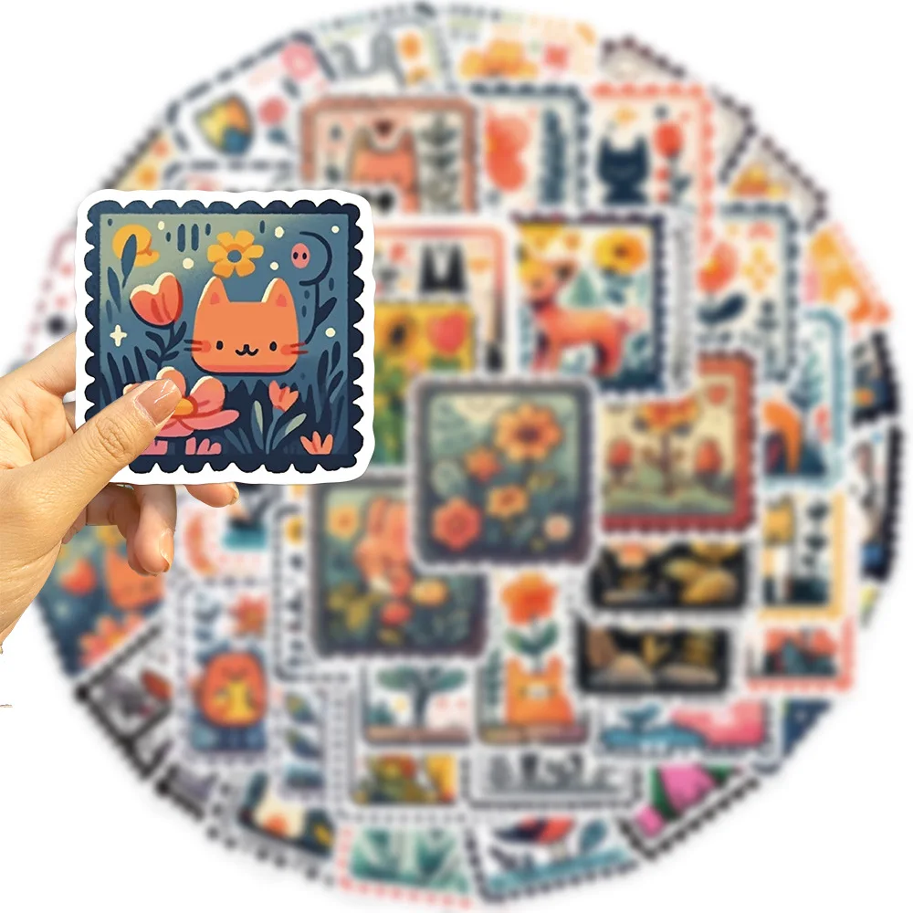 50Pcs Cute Animals Retro Stamp Stickers Cartoon Graffiti Style Stickers Decorative Waterproof Suitcase Notebook Thermos Cup