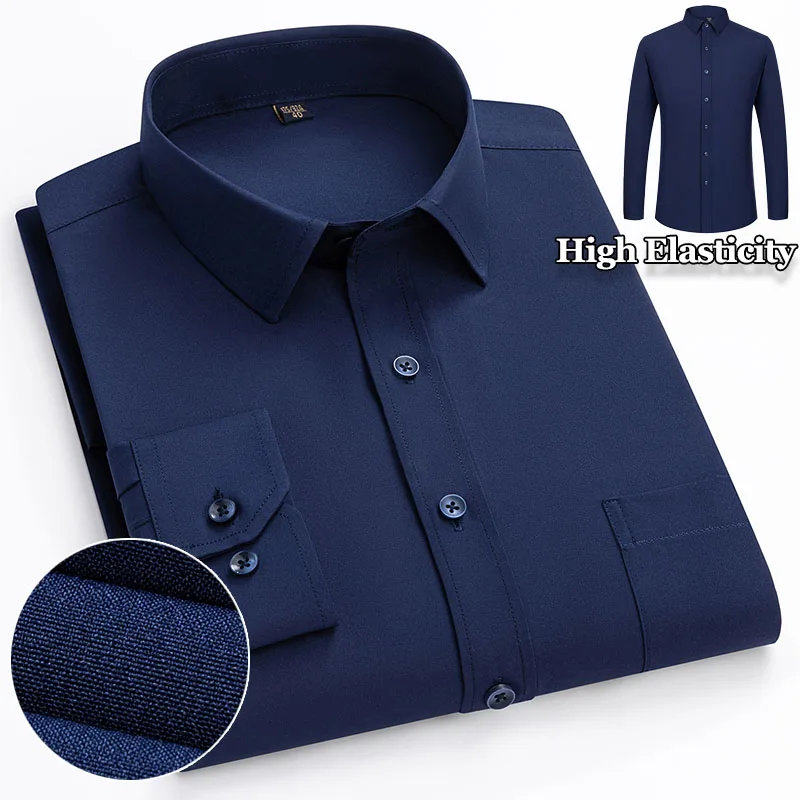 Plus Sized 7XL Men's Anti-Wrinkle High Elasticity Long Sleeved Bussiness Solid Shirts Fashion Social Pocket Regular Slim Blouses