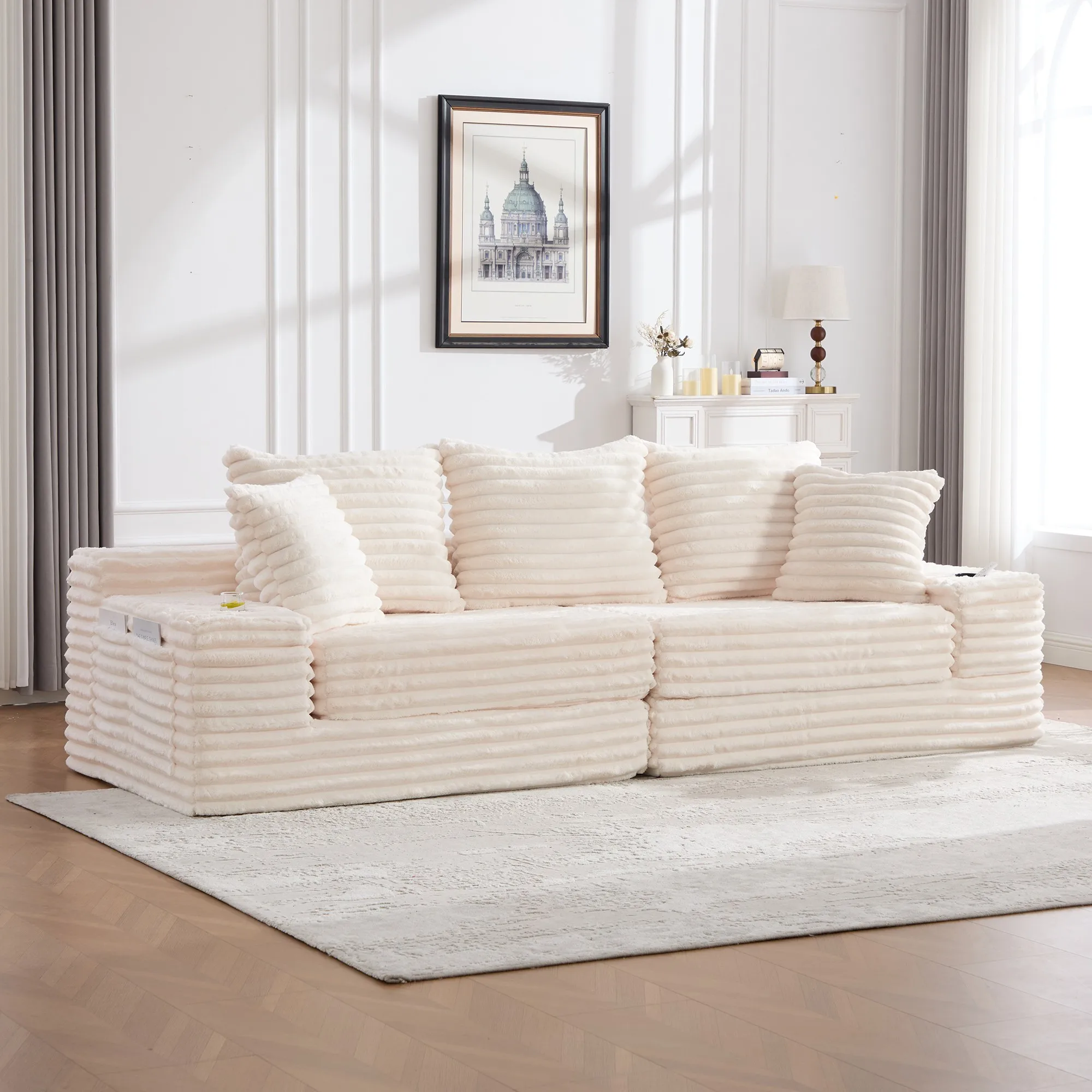 LVHOM 4-Sitzer Cordsofa mit Chaiselongue, Kissenrücken, Eckigen Armlehnen, Getränkehaltern & Seitentaschen für Wohnzimmer – Detail 1