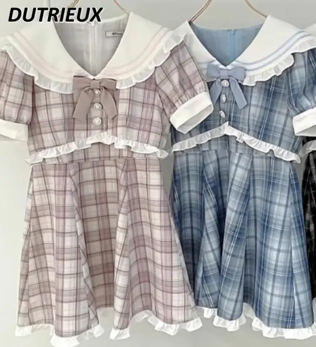 2024 Summer New Mass-Produced Ladies Sailor Collar Plaid Dress Lolita Japanese Style Casual Short Sleeve Dresses for Women