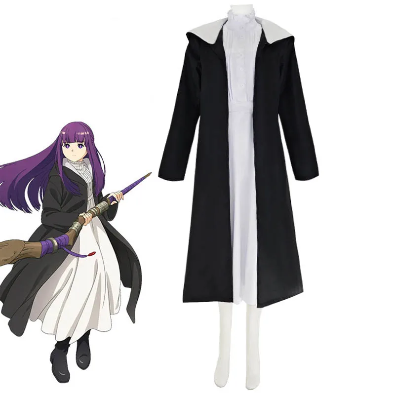 Anime fern cosplay costume white long dress and black long robe purple wig Halloween performance set