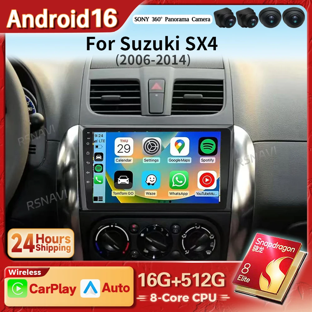 Snapdragon Android 16 Carplay Car Radio Multimedia For Suzuki SX4 SX 4 2006 - 2013 Head Unit 2K QLED Screen Player Android Auto