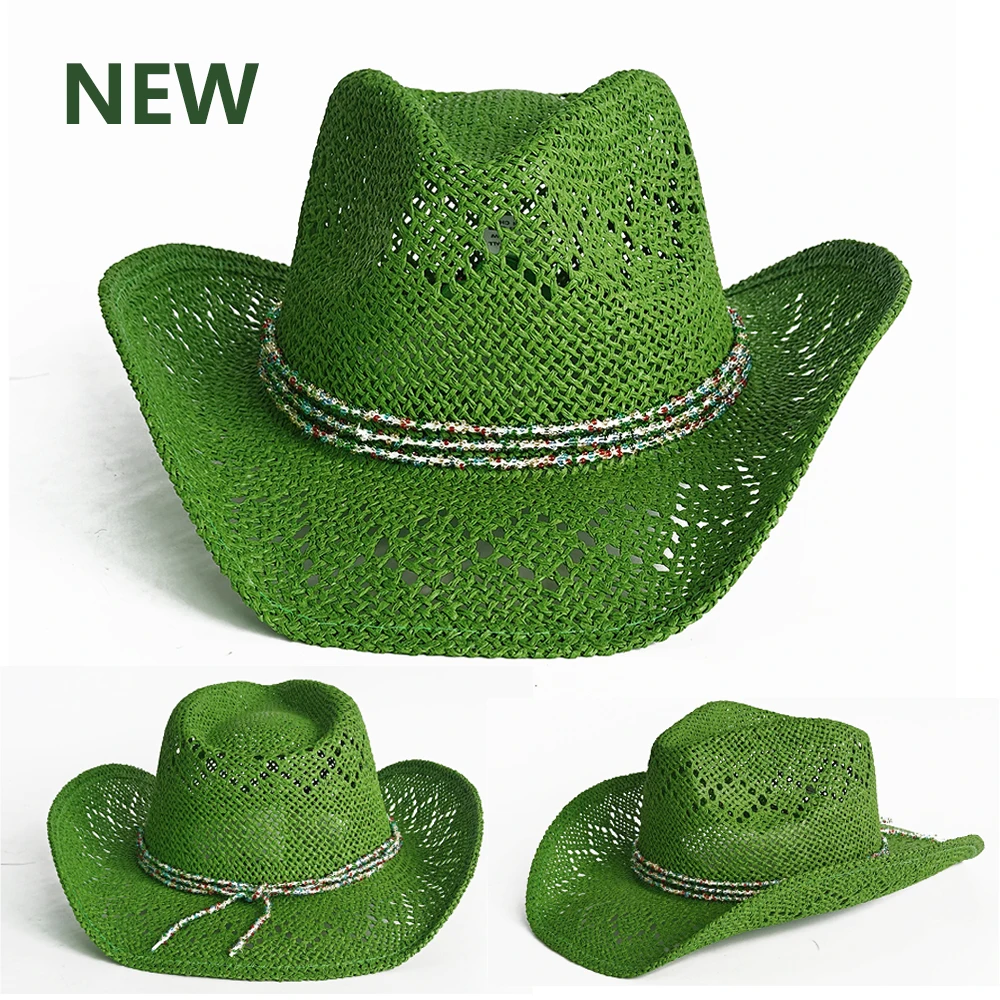 Green Western Cowboy Hat Handmade Straw Weaving Beach Sun Hat Gentleman Lady Cowgirl Jazz Hat Vacation Cap sombrero vaquero