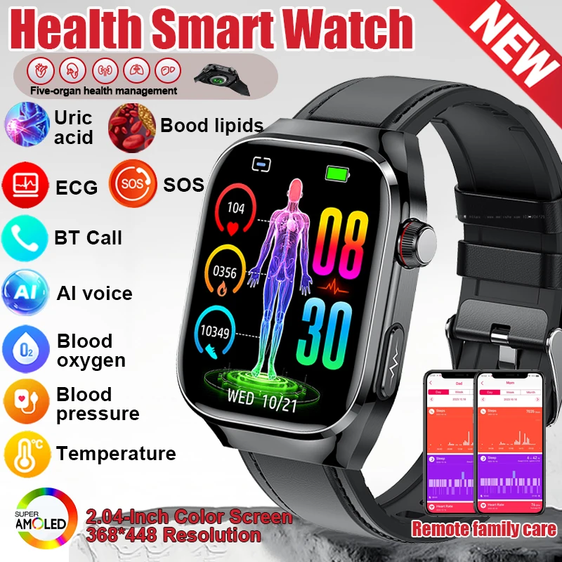 

2026 New Blood Lipids Uric Acid Smartwatch for Women Men ECG+PPG Blood Oxygen 2.04-inch AMOLED Screen BT Call Healthy Smartwatch