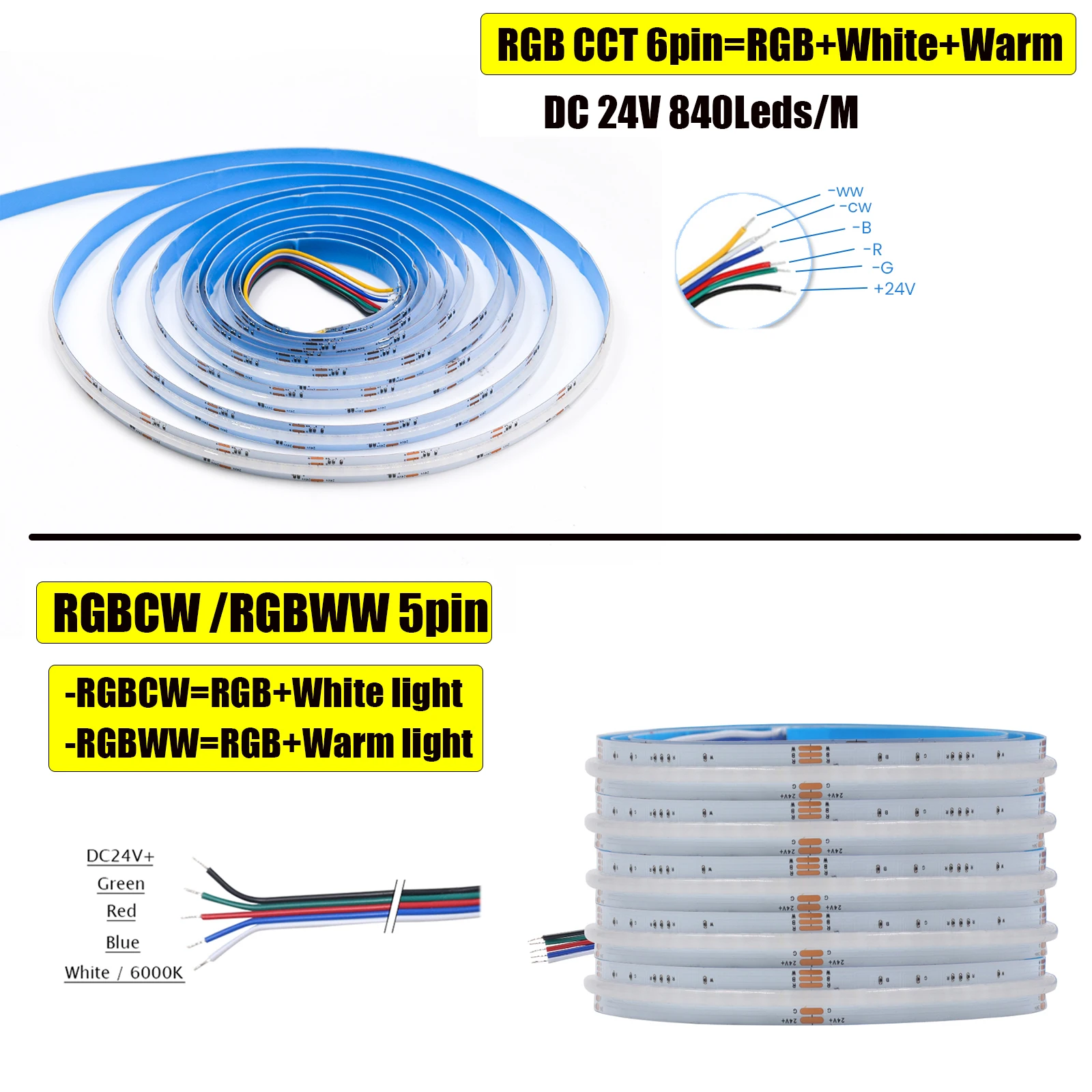 12V 24V RGB RGBW RGBWW RGBCCT COB LED Strip 840 784LEDs/M Flexible High Bright Dotless Led Tape Diode Flexible Ribbon