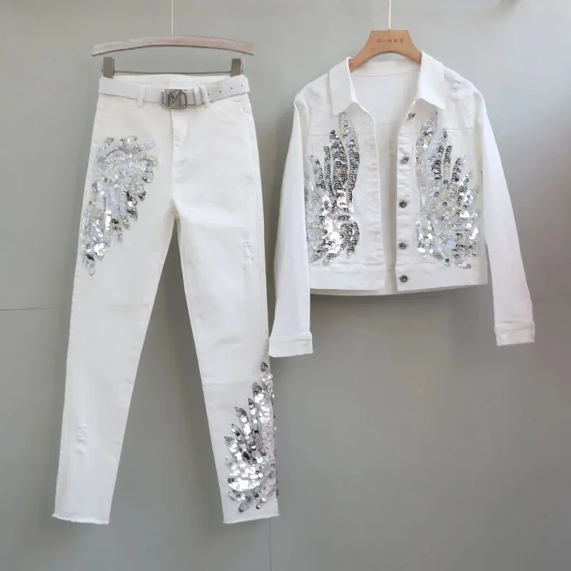 Korean Elastic Denim Jacket Women's 2024 Spring New Fashion Slim Embroidered Sequin Long sleeved Coat Female Cowboy Short Tops - Image 6