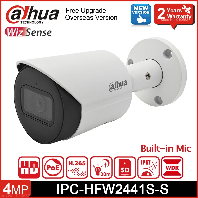 Dahua IPC-HFW2441S-S WizSense 4MP Bullet IP Camera Security POE  Network Camera IR 30m Built-in Mic SD Card Slot IP67 SMD Plus