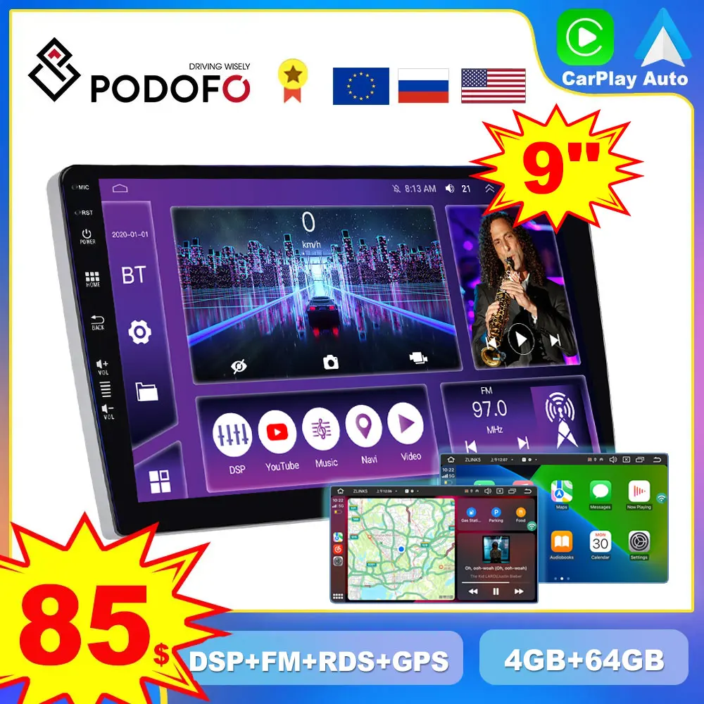 

Podofo 2din Android Wireless CarPlay AutoRadio 9inch 4G Car Multimedia Player DSP GPS Navigation No DVD Head Unit