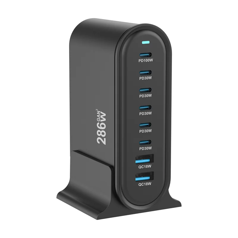 [GaN Tech] 286W 8 portas USB PD Carregador 2USB-A + 6USB-C PD QC Estação de carregamento de mesa de carregamento rápido Plugue UE Plugue EUA para telefone