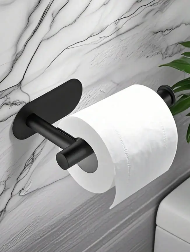 1pc Bathroom Toilet Paper Holder, Self-Adhesive Stainless Steel Roll Paper Holder, Tissue Holder, Perforated Wall Mounted Toilet view 4