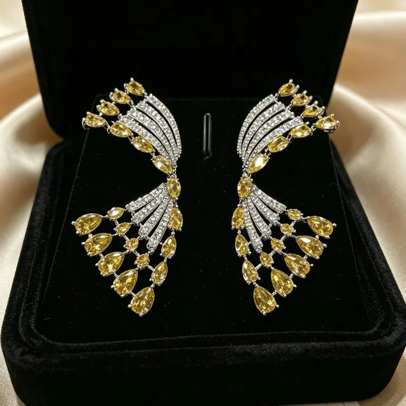 

Bilincolor Fan Skirt Yellow Zirconia Earring for Women Statement Jewelry for Party & Evening Wear