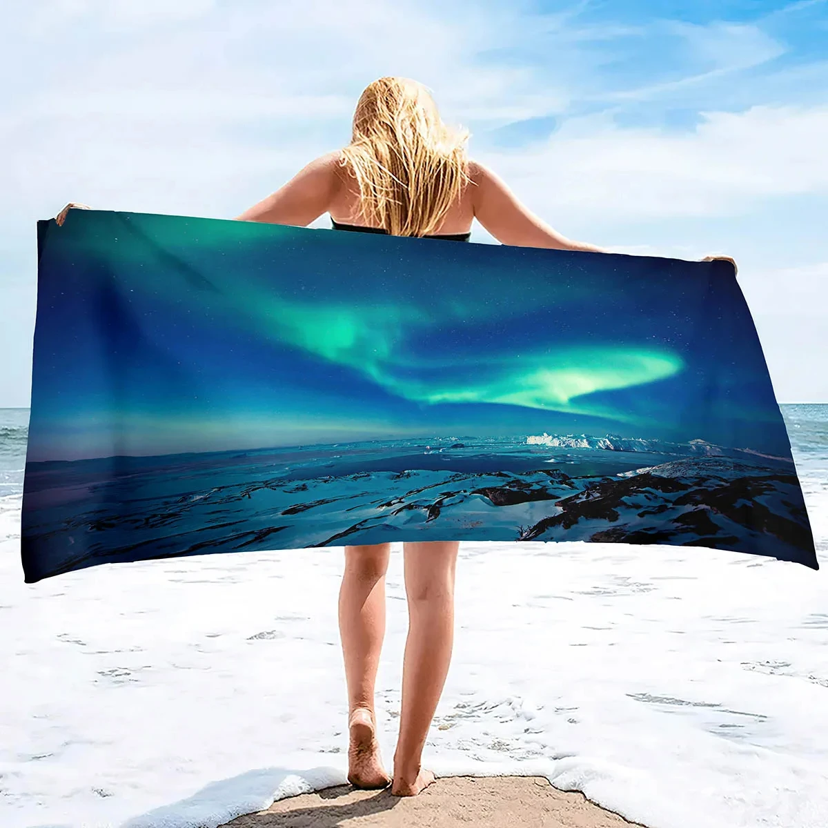 Green Aurora Beach Towel Starry Sky Galaxy Bath Towel Polar Space Stars Natural Scenery Quick Dry Sport Towels Picnic Yoga Mat