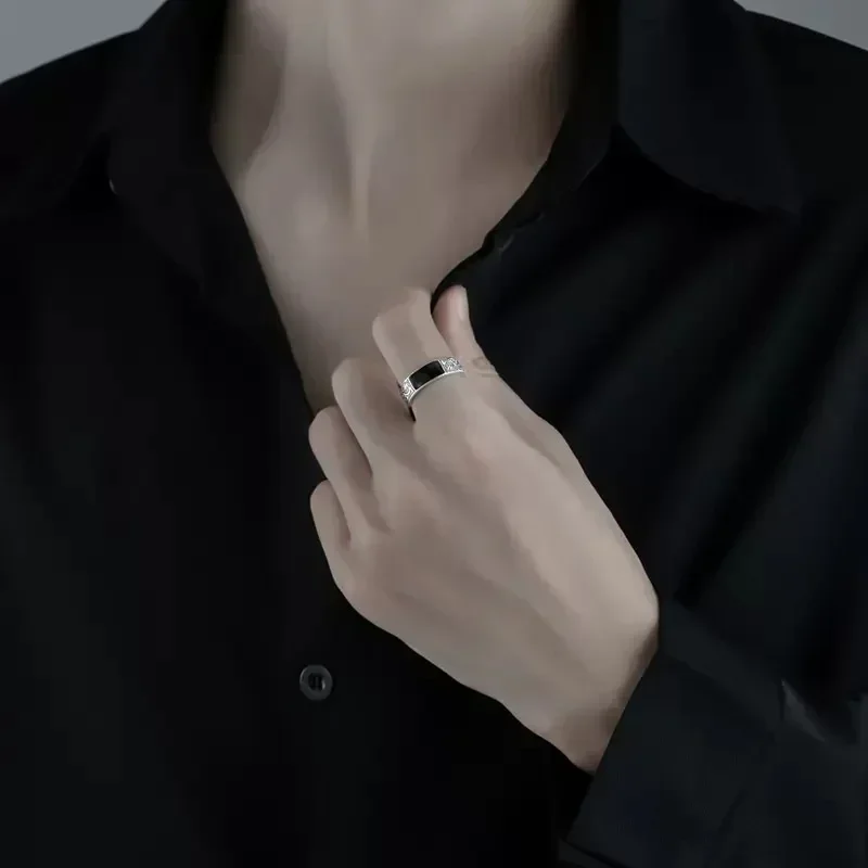 Trendy Vintage Silver Ring for Men Jewelry Black Rectangle Retro Dragon Pattern Ring Male Rings Adjustable 남자 반지 남자친구 선물