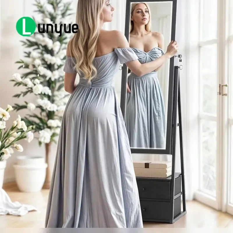 European Style Jewelry Storage Cabinet with Full Body Floor Mirror Smart Light Box for Apartment B&B Household Makeup