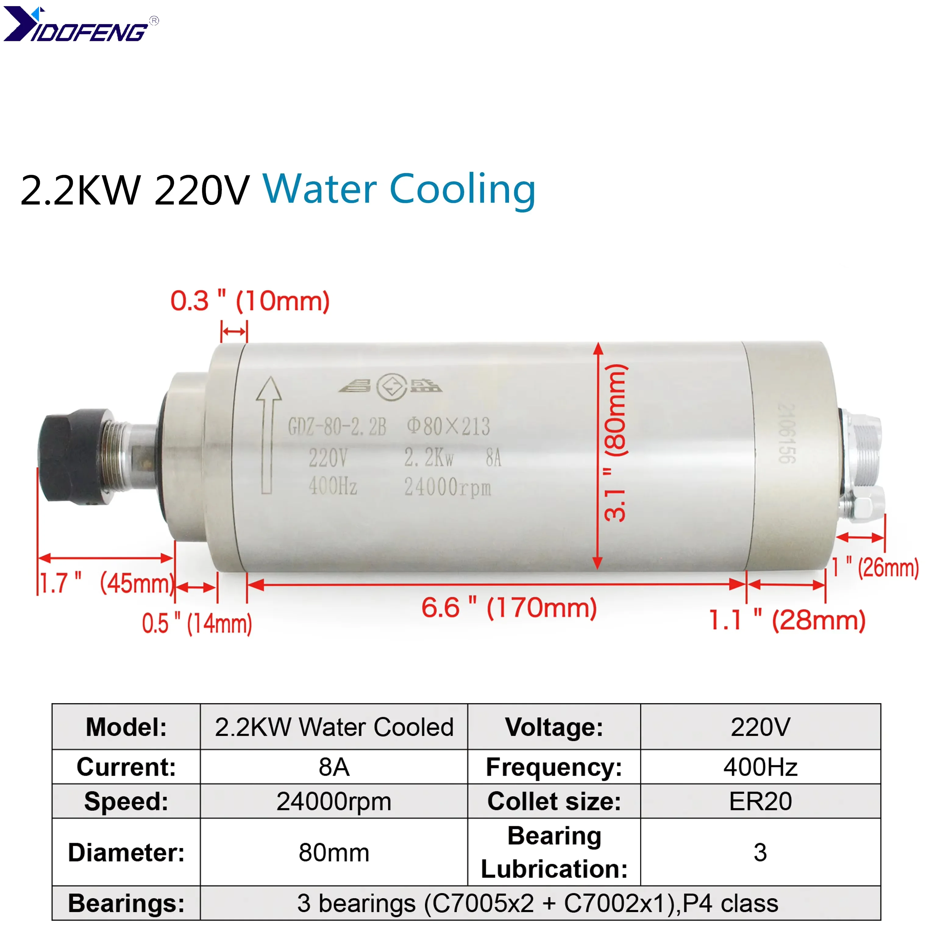 

2.2KW/3KW Water Cooled Spindle Motor High Speed ER20 Collet for CNC Engraving Milling Machine Frequency Converter