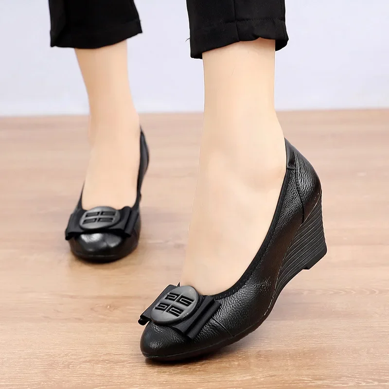 ZXRYXGS Premium Cowhide Bowknot Fashion Leather Shoes Wedges Comfortable Shoes 2024 Spring Banquet Wedding Women Stylish Shoes