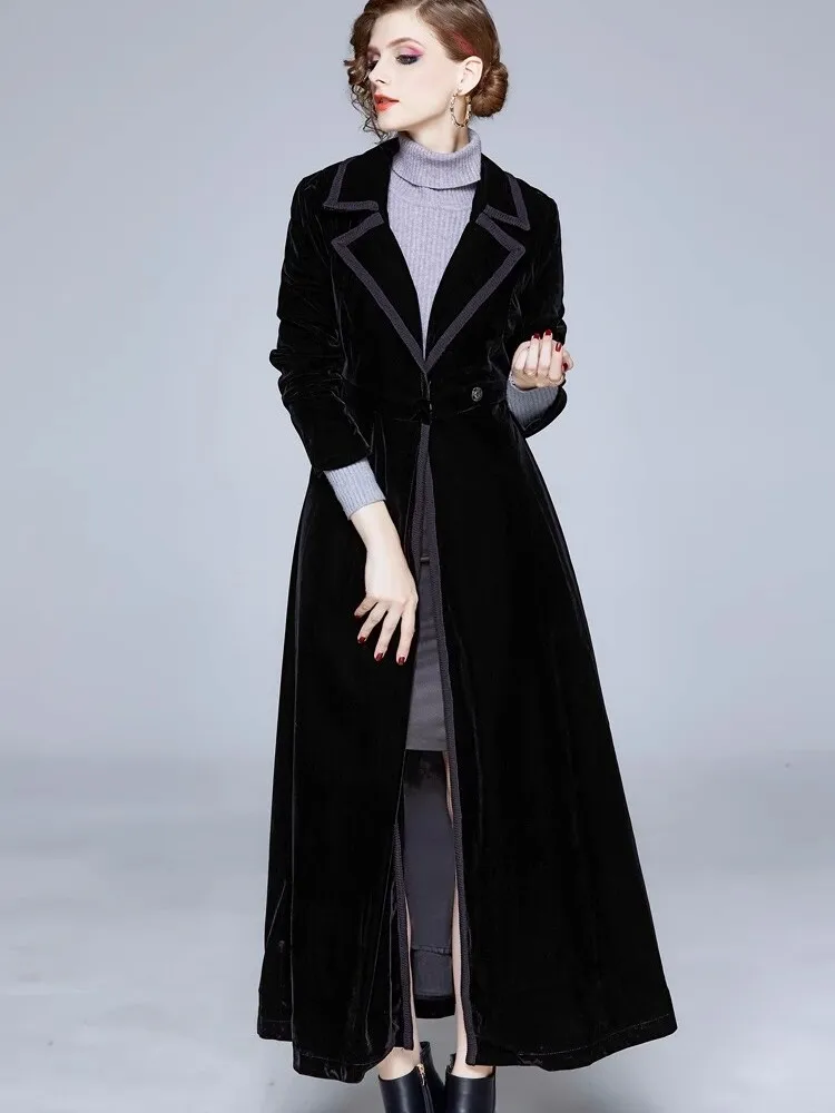 

Элегантное черное бархатное пальто с вышивкой, приталенный крой, в стиле Хепберн, длина до колена, корейский стиль, для повседневной носки