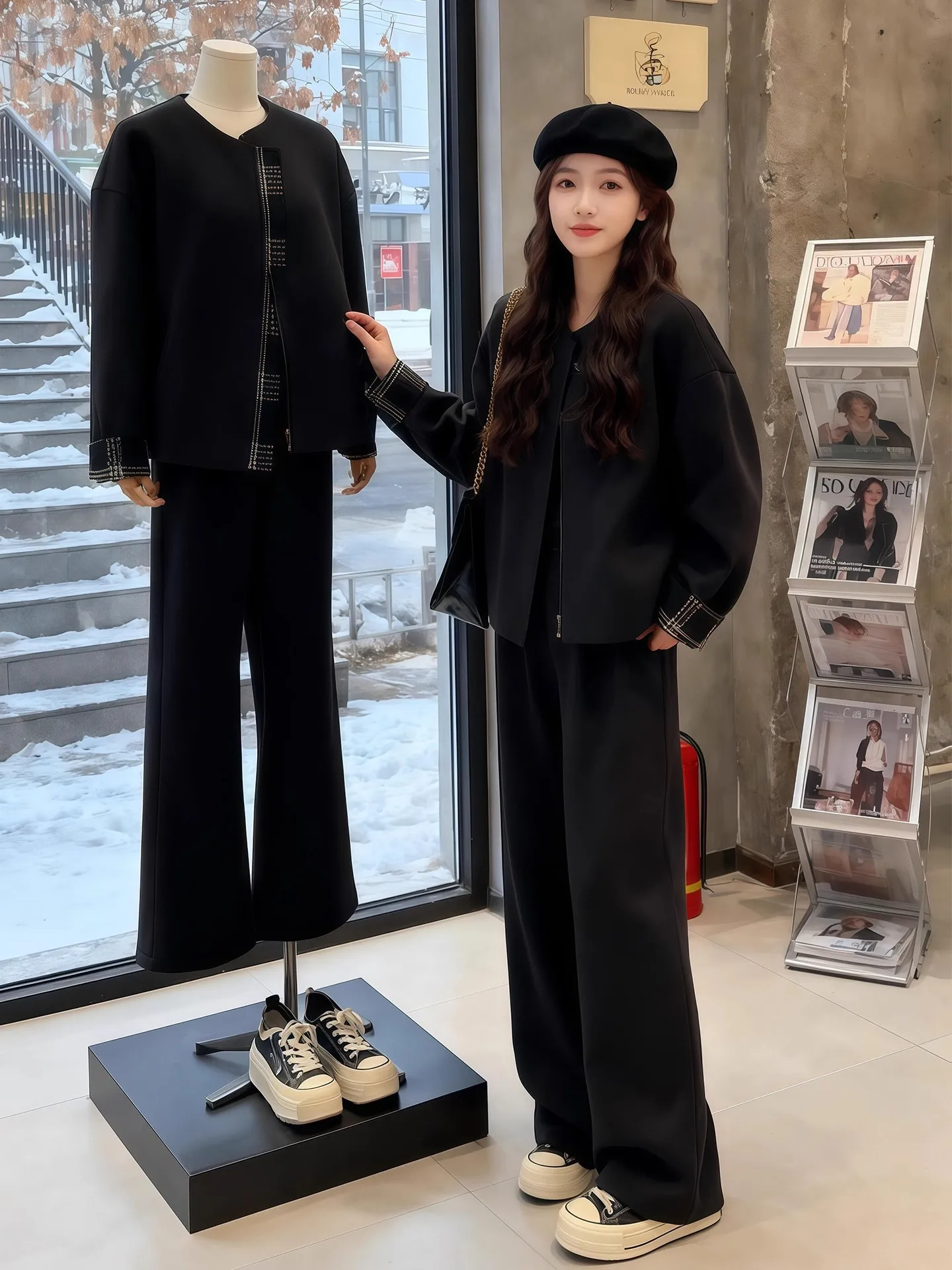 

Fall Winter Women's Thickened Plaid Outerwear Wide Leg Pants Two-Piece Set Casual Style High Waist Long Sleeve round Neck
