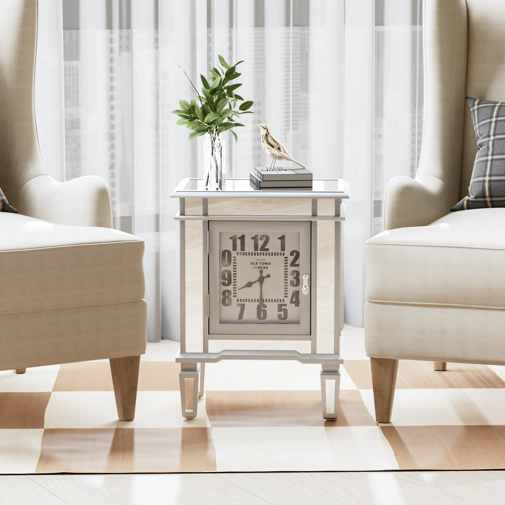 

Mirrored Bedside Cabinet Mirrored Nightstand Accentuated by Arabic Clock & Storage Compartments, Ideal End Table Sofa Sides