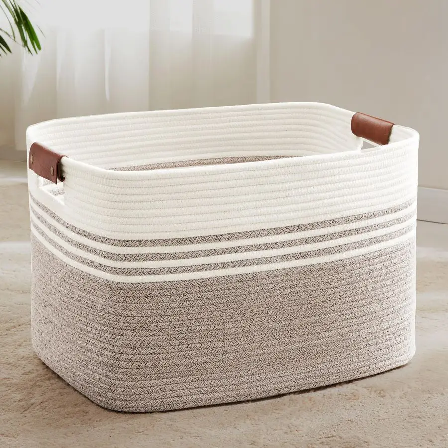 

Extra Large Laundry Basket with Leather Handles for Living Room Storage, Woven Rope Baskets for Blanket, Kids Toy, Gifts, Wicker