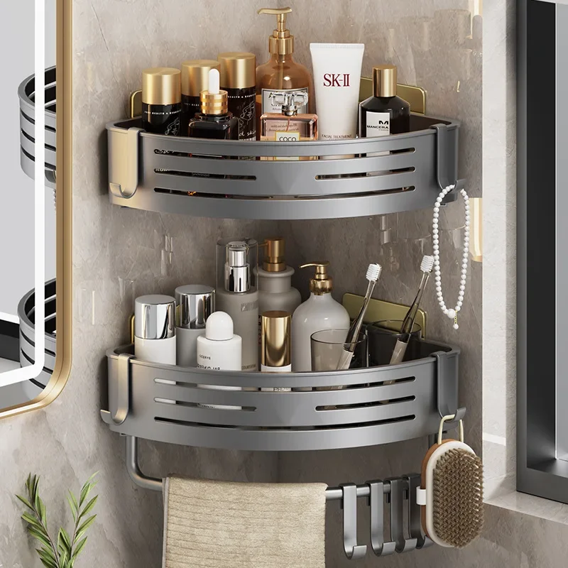 Shower Corner Shelf with Towel Bar Hook Space Aluminum Bathroom Shelf Without Drilling Shampoo Holder Bathroom Accessorie