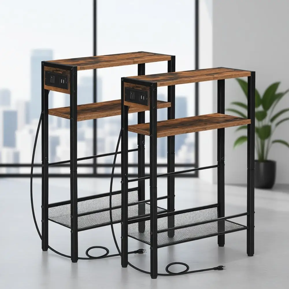 

Маленький узкий приставной столик с зарядной станцией, набор из 2 штук, узкий торцевой столик для небольших помещений, тонкая тумбочка с USB-портами на розетке