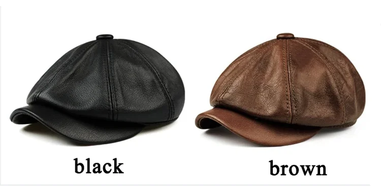 Retro Brown Hats Men Spring/Winter 100% Real Leather Warm Cap Male Beret Painter Boina Cowhide Octagonal Casquette High Quality