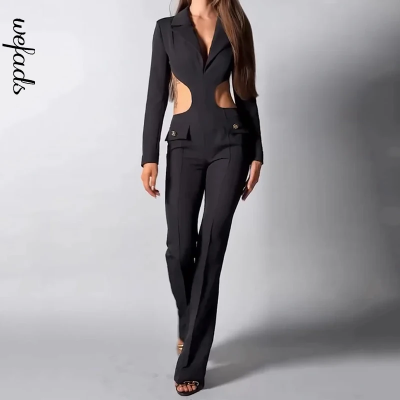 

Wefads Jumpsuit Women Clothing Office Fashion Solid Long Sleeve Lapel V Neck Backless Cut Out Straight Pants Rompers Streetwear