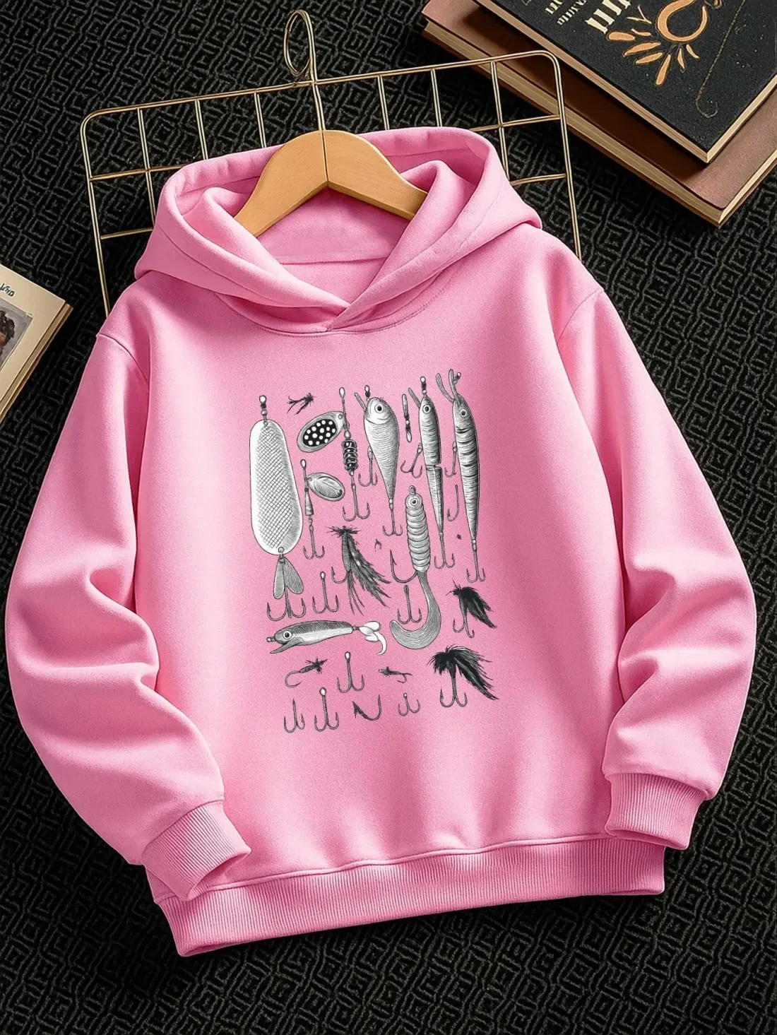 Kids Fishing Hoodie Autumn Winter Fleece Lined Fishing Lure Hook Sketch Graphic Print Warm Pullover Sweatshirt Casual