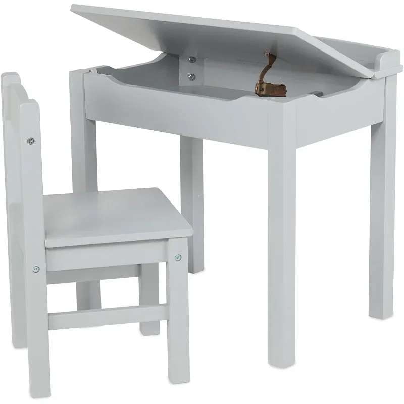 Bureau élévateur et chaise en bois, gris, gris, tout-petit et enfants, 3 ans et plus, rangement autonome